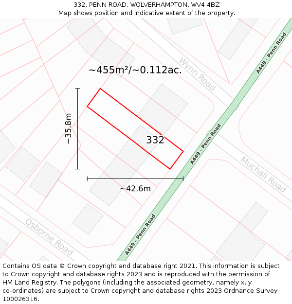 332, PENN ROAD, WOLVERHAMPTON, WV4 4BZ: Plot and title map