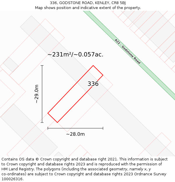 336, GODSTONE ROAD, KENLEY, CR8 5BJ: Plot and title map