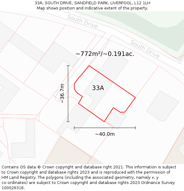 33A, SOUTH DRIVE, SANDFIELD PARK, LIVERPOOL, L12 1LH: Plot and title map