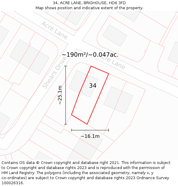 34, ACRE LANE, BRIGHOUSE, HD6 3FD: Plot and title map