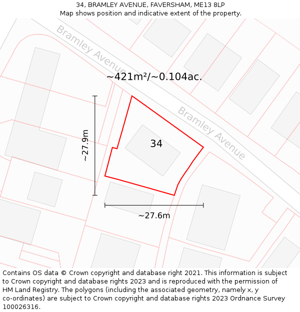 34, BRAMLEY AVENUE, FAVERSHAM, ME13 8LP: Plot and title map