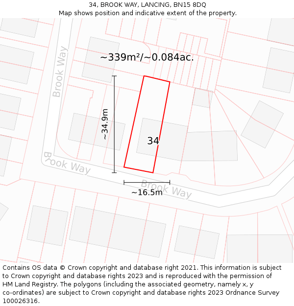 34, BROOK WAY, LANCING, BN15 8DQ: Plot and title map