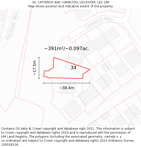 34, CATTERICK WAY, HAMILTON, LEICESTER, LE5 1ER: Plot and title map