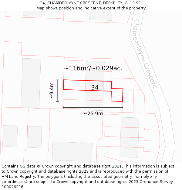 34, CHAMBERLAYNE CRESCENT, BERKELEY, GL13 9FL: Plot and title map