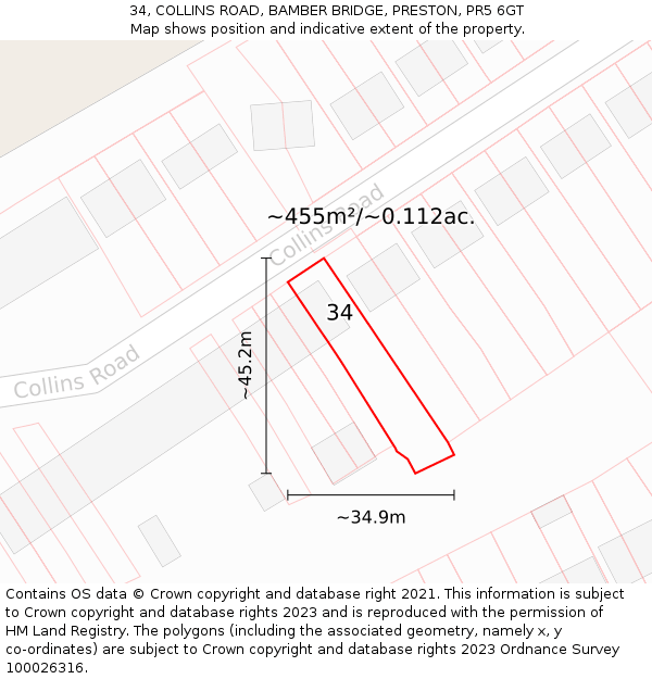 34, COLLINS ROAD, BAMBER BRIDGE, PRESTON, PR5 6GT: Plot and title map