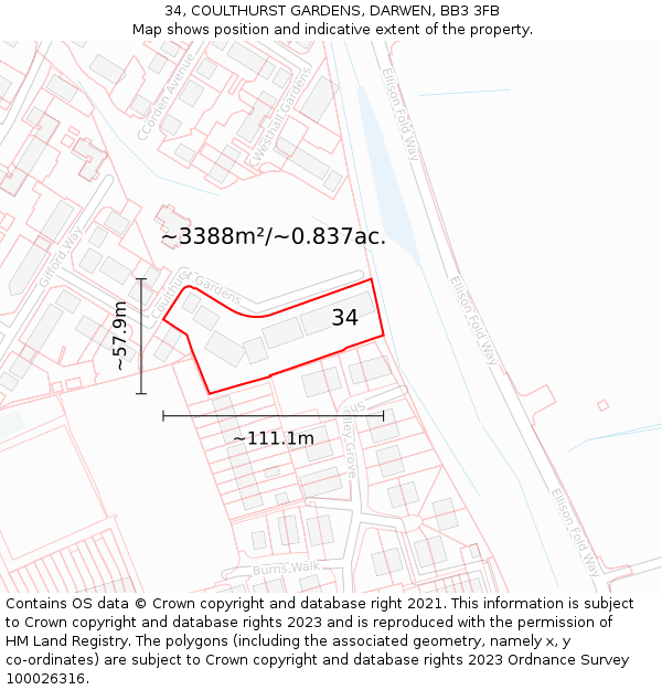 34, COULTHURST GARDENS, DARWEN, BB3 3FB: Plot and title map