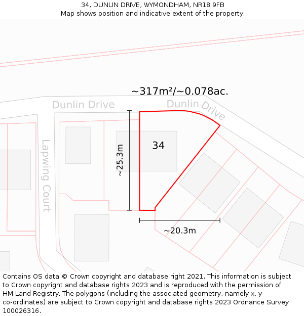 34, DUNLIN DRIVE, WYMONDHAM, NR18 9FB: Plot and title map