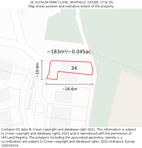 34, ELYSIUM PARK CLOSE, WHITFIELD, DOVER, CT16 2FJ: Plot and title map