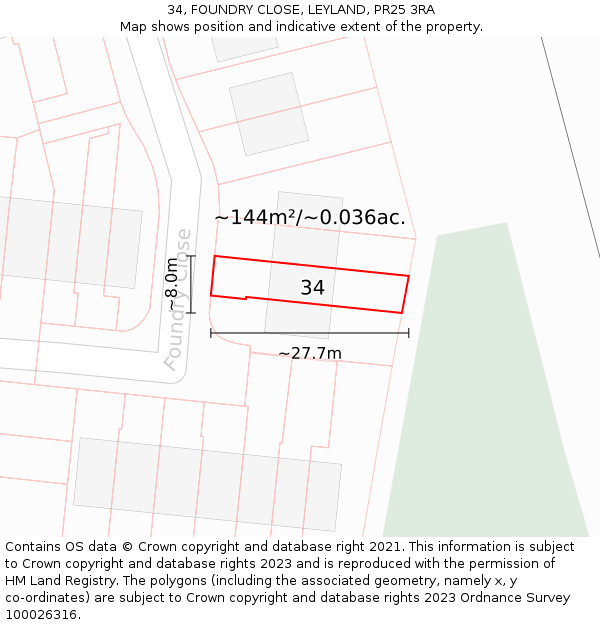 34, FOUNDRY CLOSE, LEYLAND, PR25 3RA: Plot and title map