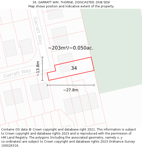 34, GARRATT WAY, THORNE, DONCASTER, DN8 5EW: Plot and title map