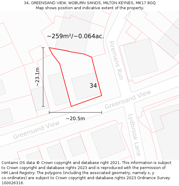 34, GREENSAND VIEW, WOBURN SANDS, MILTON KEYNES, MK17 8GQ: Plot and title map