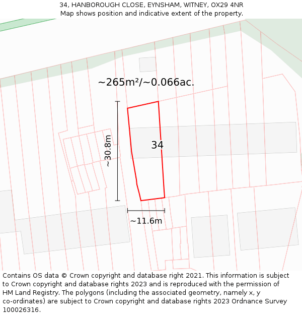 34, HANBOROUGH CLOSE, EYNSHAM, WITNEY, OX29 4NR: Plot and title map