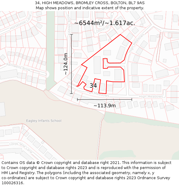 34, HIGH MEADOWS, BROMLEY CROSS, BOLTON, BL7 9AS: Plot and title map