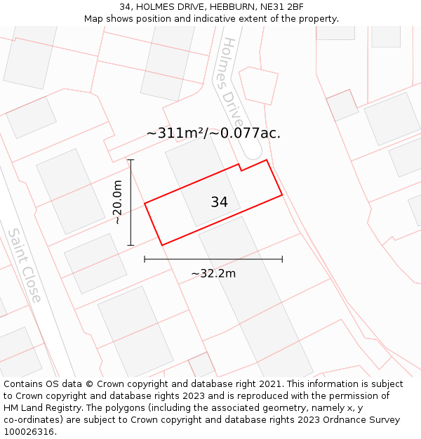 34, HOLMES DRIVE, HEBBURN, NE31 2BF: Plot and title map