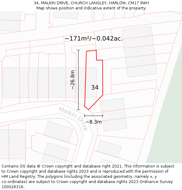 34, MALKIN DRIVE, CHURCH LANGLEY, HARLOW, CM17 9WH: Plot and title map