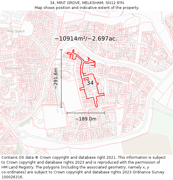 34, MINT GROVE, MELKSHAM, SN12 6YN: Plot and title map