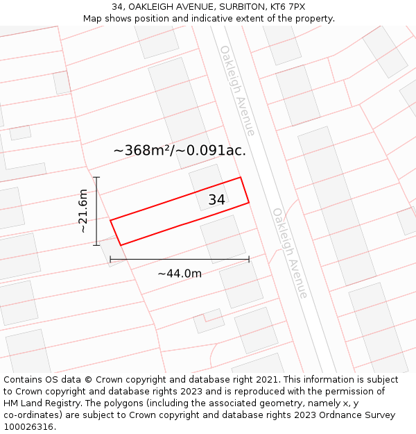 34, OAKLEIGH AVENUE, SURBITON, KT6 7PX: Plot and title map