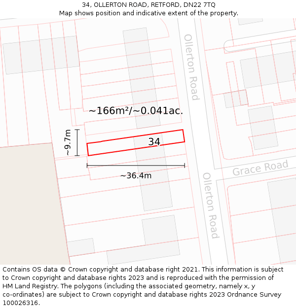 34, OLLERTON ROAD, RETFORD, DN22 7TQ: Plot and title map