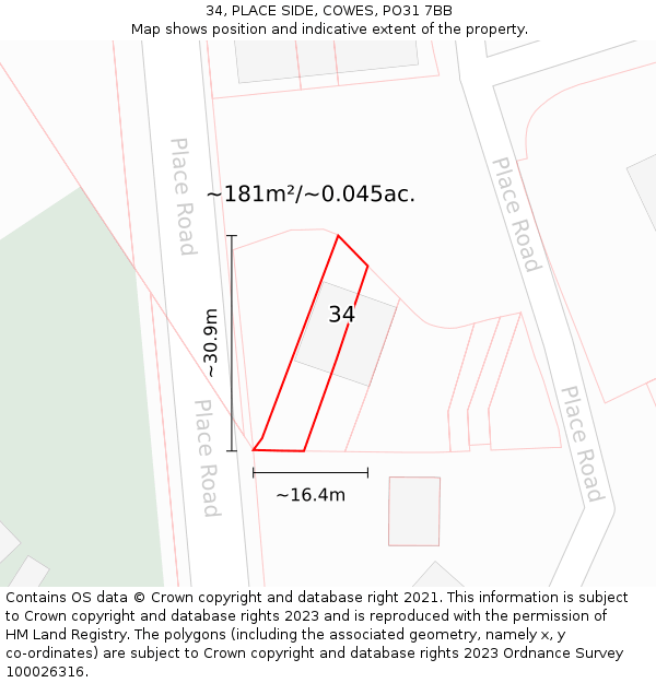 34, PLACE SIDE, COWES, PO31 7BB: Plot and title map