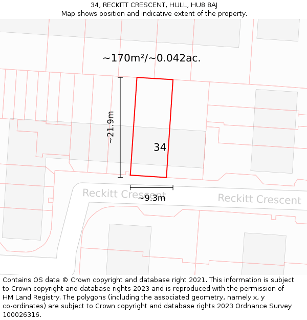 34, RECKITT CRESCENT, HULL, HU8 8AJ: Plot and title map