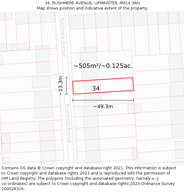 34, RUSHMERE AVENUE, UPMINSTER, RM14 3AN: Plot and title map