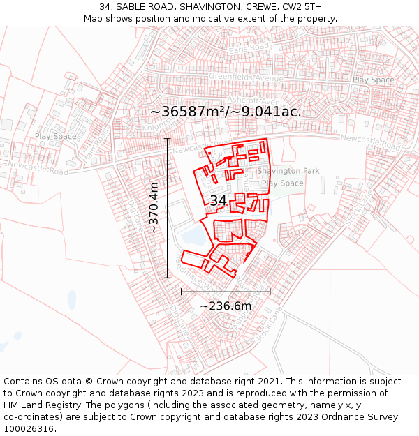 34, SABLE ROAD, SHAVINGTON, CREWE, CW2 5TH: Plot and title map
