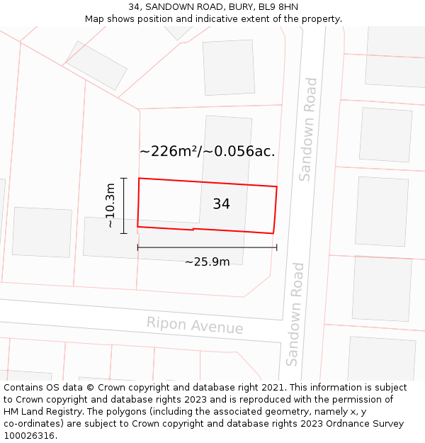 34, SANDOWN ROAD, BURY, BL9 8HN: Plot and title map
