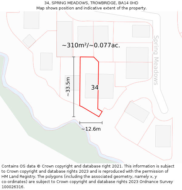 34, SPRING MEADOWS, TROWBRIDGE, BA14 0HD: Plot and title map
