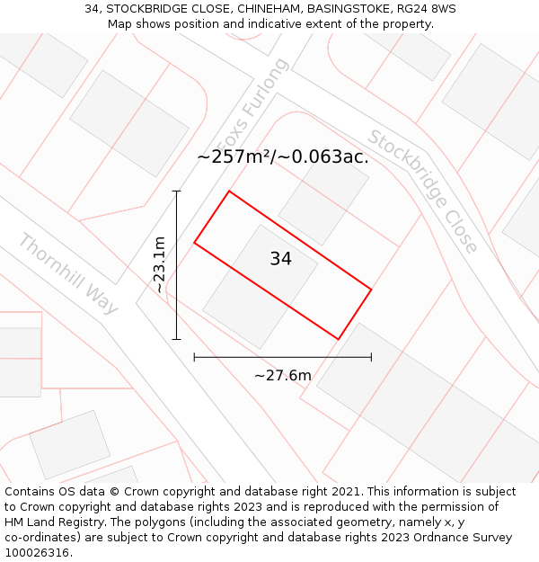 34, STOCKBRIDGE CLOSE, CHINEHAM, BASINGSTOKE, RG24 8WS: Plot and title map