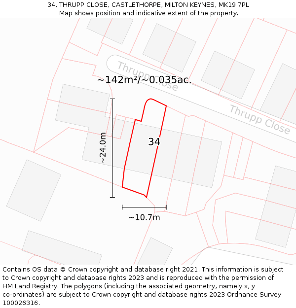 34, THRUPP CLOSE, CASTLETHORPE, MILTON KEYNES, MK19 7PL: Plot and title map