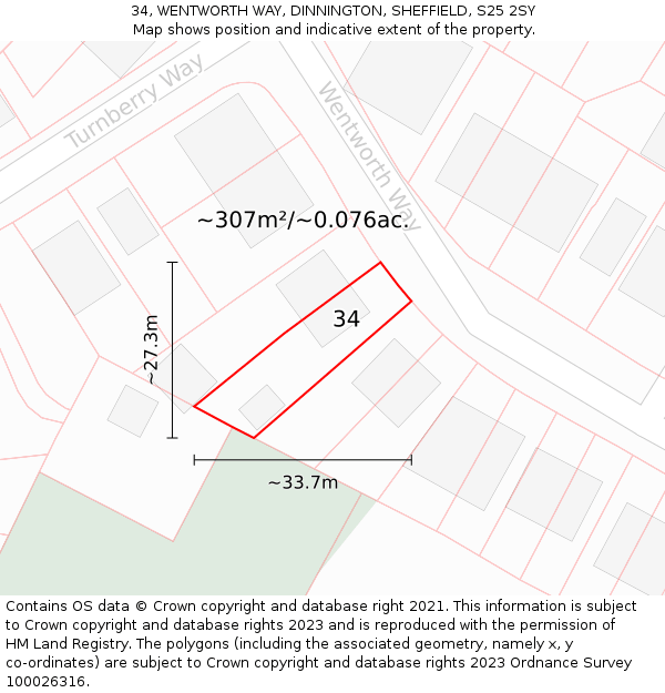 34, WENTWORTH WAY, DINNINGTON, SHEFFIELD, S25 2SY: Plot and title map