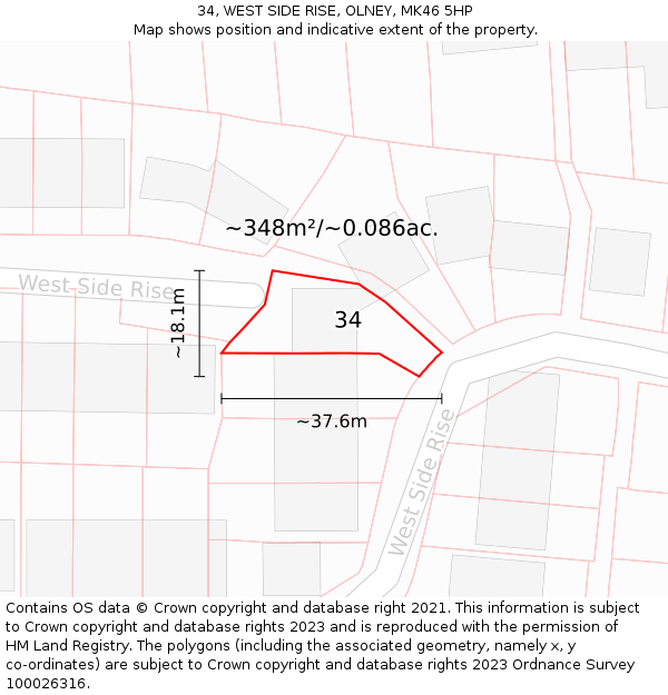 34, WEST SIDE RISE, OLNEY, MK46 5HP: Plot and title map