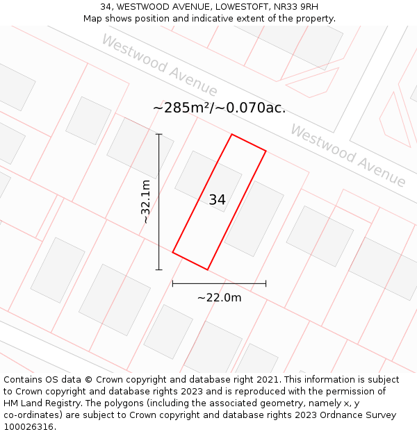 34, WESTWOOD AVENUE, LOWESTOFT, NR33 9RH: Plot and title map