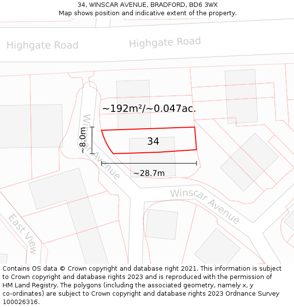 34, WINSCAR AVENUE, BRADFORD, BD6 3WX: Plot and title map