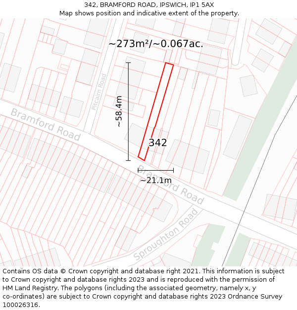 342, BRAMFORD ROAD, IPSWICH, IP1 5AX: Plot and title map
