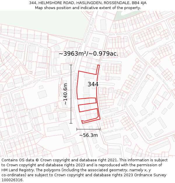 344, HELMSHORE ROAD, HASLINGDEN, ROSSENDALE, BB4 4JA: Plot and title map