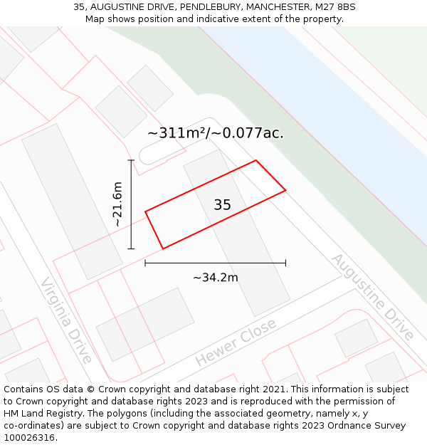 35, AUGUSTINE DRIVE, PENDLEBURY, MANCHESTER, M27 8BS: Plot and title map