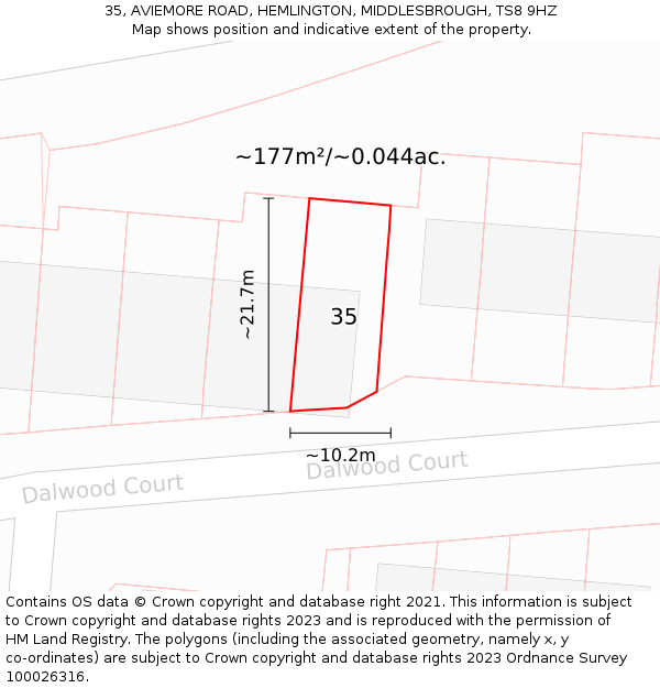 35, AVIEMORE ROAD, HEMLINGTON, MIDDLESBROUGH, TS8 9HZ: Plot and title map