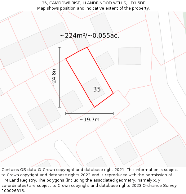 35, CAMDDWR RISE, LLANDRINDOD WELLS, LD1 5BF: Plot and title map