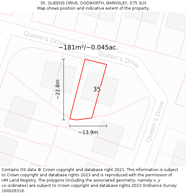 35, QUEENS DRIVE, DODWORTH, BARNSLEY, S75 3LN: Plot and title map