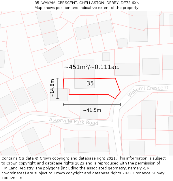 35, WAKAMI CRESCENT, CHELLASTON, DERBY, DE73 6XN: Plot and title map