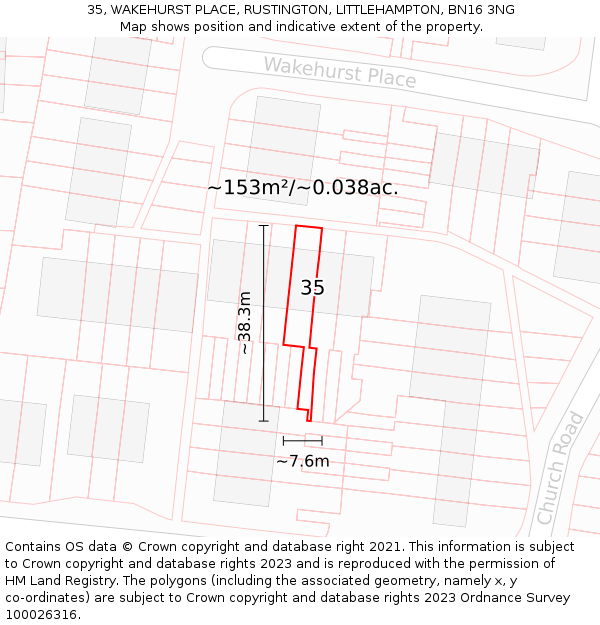35, WAKEHURST PLACE, RUSTINGTON, LITTLEHAMPTON, BN16 3NG: Plot and title map