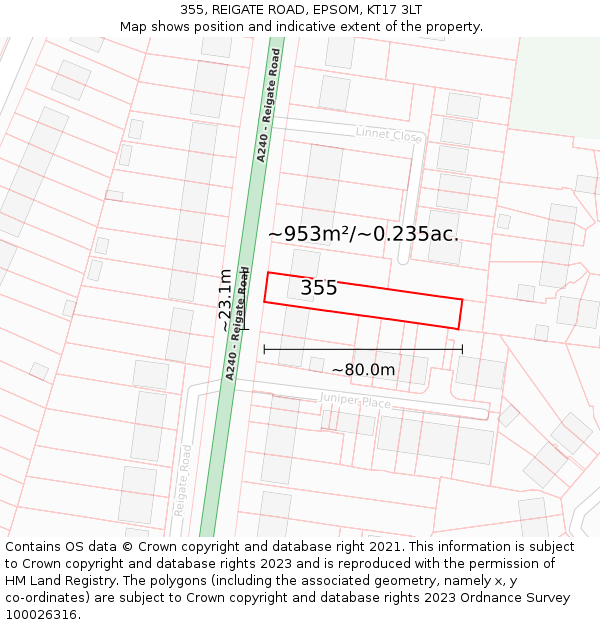 355, REIGATE ROAD, EPSOM, KT17 3LT: Plot and title map