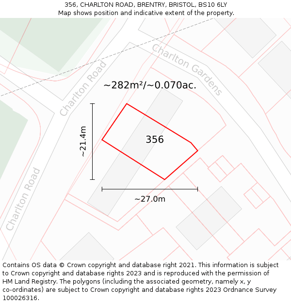 356, CHARLTON ROAD, BRENTRY, BRISTOL, BS10 6LY: Plot and title map