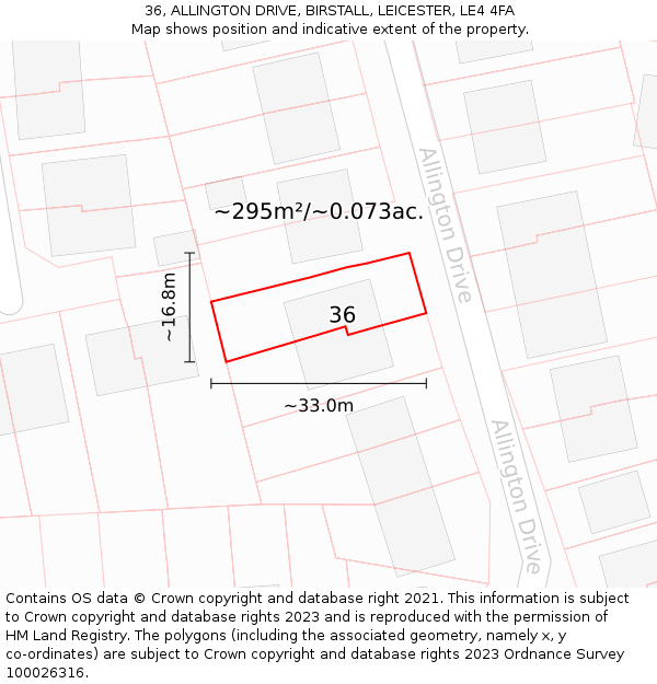 36, ALLINGTON DRIVE, BIRSTALL, LEICESTER, LE4 4FA: Plot and title map
