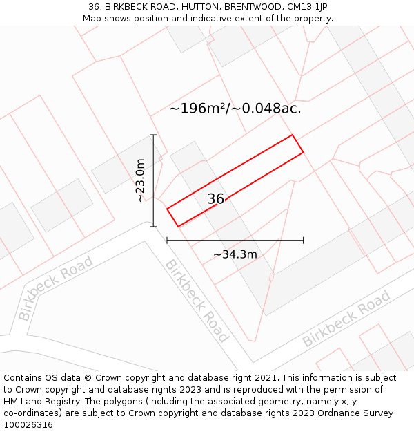 36, BIRKBECK ROAD, HUTTON, BRENTWOOD, CM13 1JP: Plot and title map