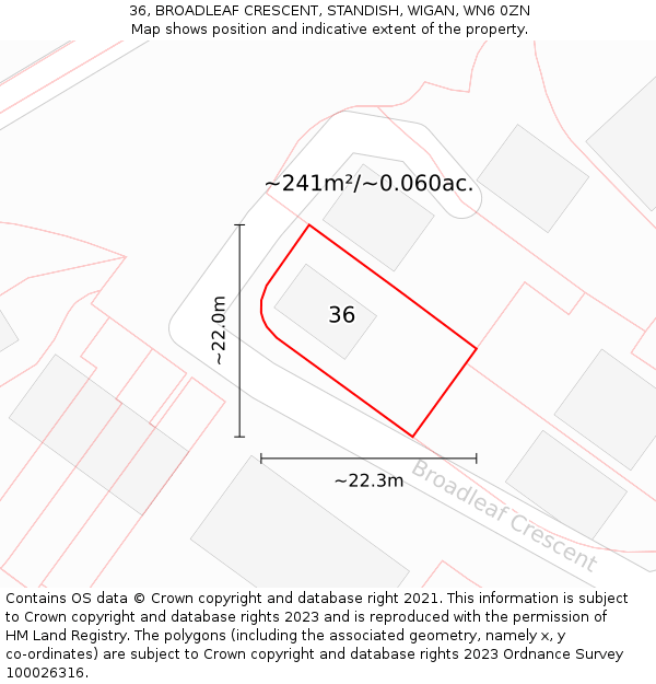 36, BROADLEAF CRESCENT, STANDISH, WIGAN, WN6 0ZN: Plot and title map