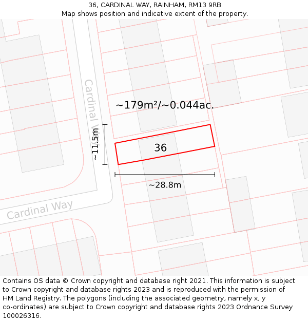 36, CARDINAL WAY, RAINHAM, RM13 9RB: Plot and title map