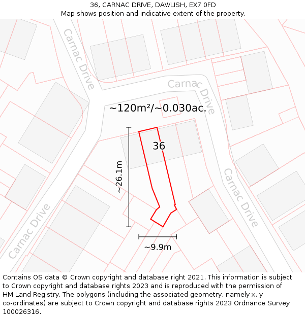 36, CARNAC DRIVE, DAWLISH, EX7 0FD: Plot and title map