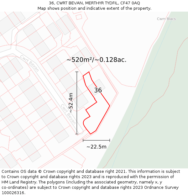 36, CWRT BEVAN, MERTHYR TYDFIL, CF47 0AQ: Plot and title map